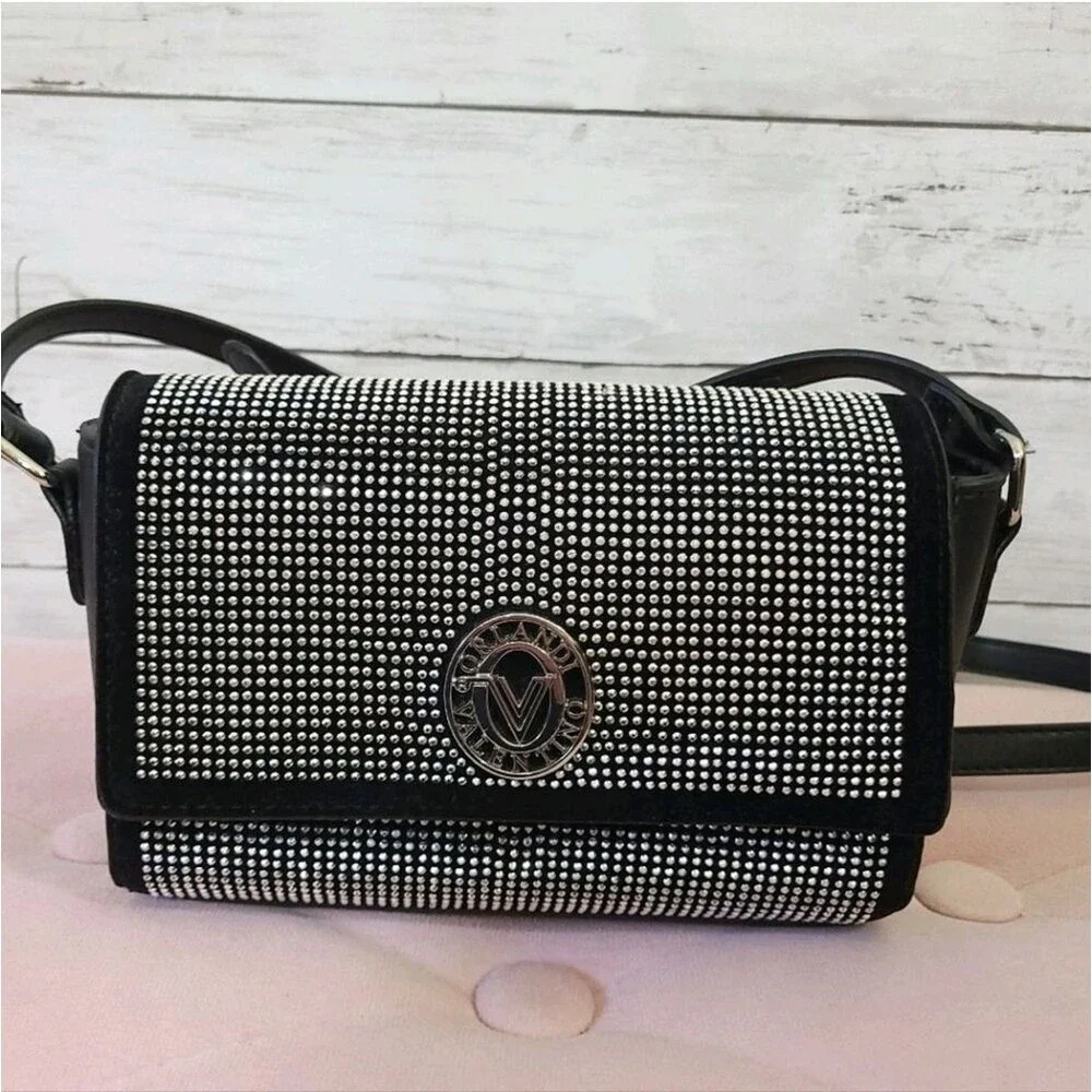 Valentino Orlandi Silver Studded Black Crossbody Bag Foldover Handbag Italy Luxe